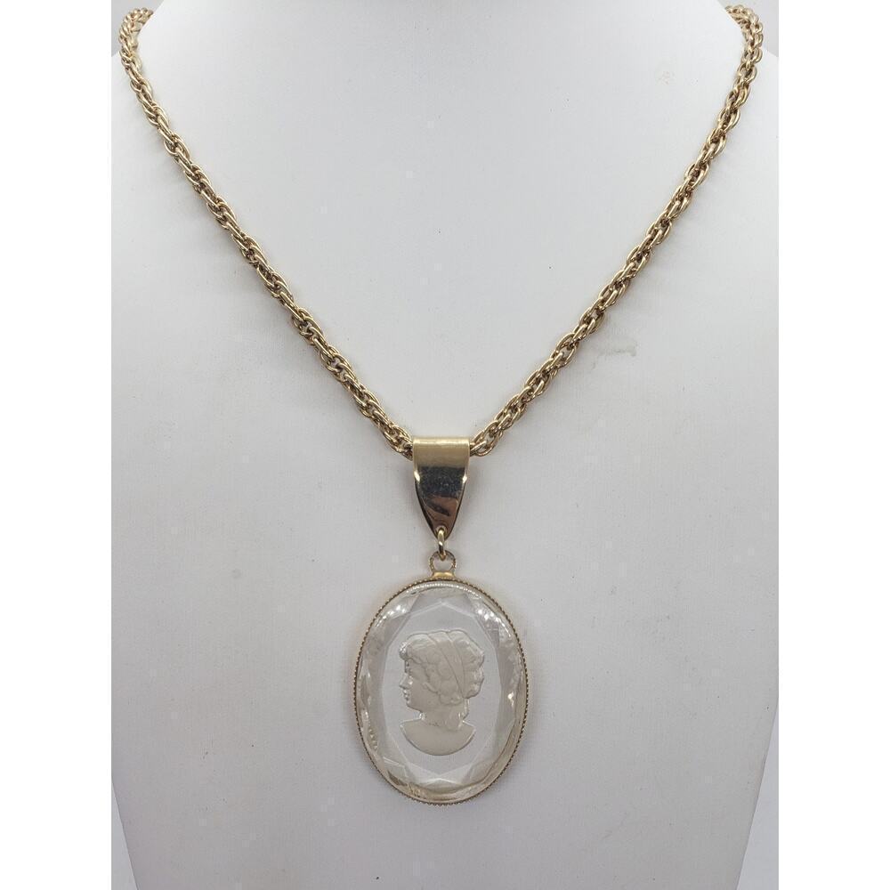 Vintage Intaglio Reverse Engraved Cameo Necklace Rope Chain Faceted Pendant 1970 - Picture 2 of 12
